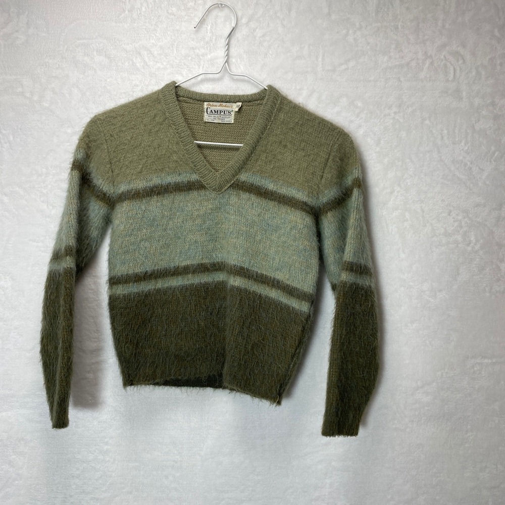 VTG Kids Boys Olive Green‎ Striped Mohair Fuzzy Crewneck Pullover Sweater